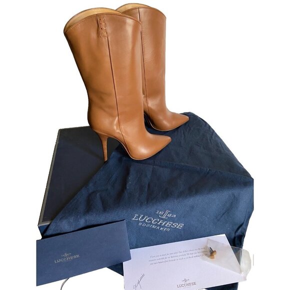 Lucchese Clarissa Western Dress Boot Sz 6.5 Luggage Leather Pointed Toe Mid Calf - Picture 2 of 16